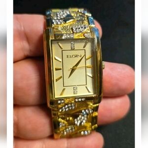WORKING - Elgin Men's Analog Gold Tone Nugget Style Watch